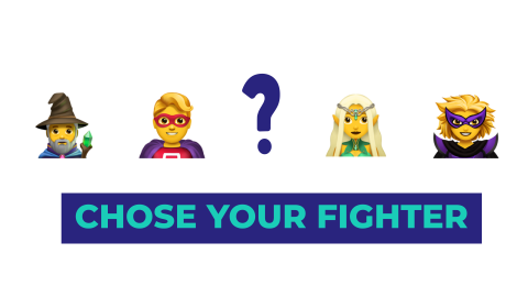 Obrazek przedstawia emoji z 4 postaciami - superbohaterami. Po 2 postaci z każdej strony, rozdzielone znakiem zapytania. Na dole podpis "Chose your fighter" ("Wybierz swojego wojownika")